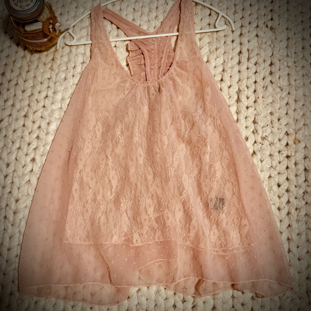 Pink Pleated Racerback Lace Tank Top